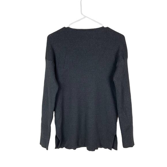 Something Navy Gray Black Sweater Pullover Ribbed V-Neck Slits Stretchy Small - Picture 2 of 8
